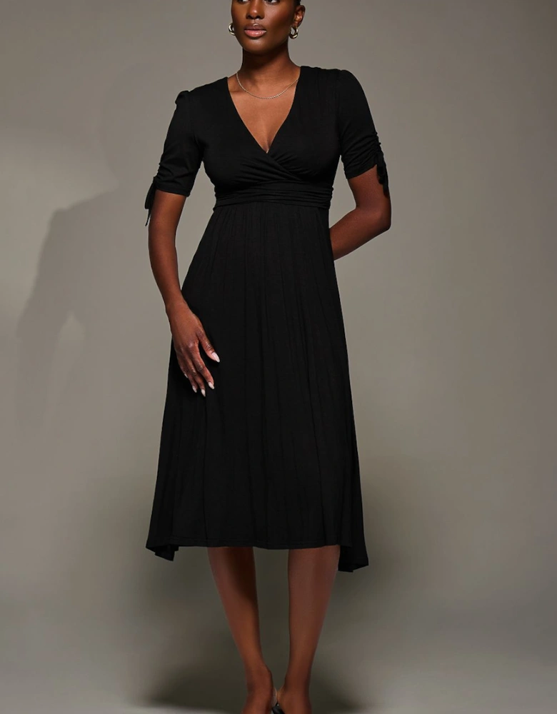 Jersey Tie Sleeve Wrap Front Midi Dress