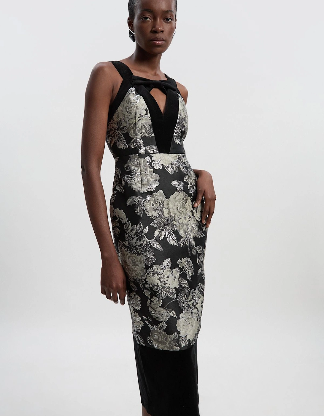 Velvet And Jacquard Contrast Strappy Tailored Midi Dress, 2 of 1