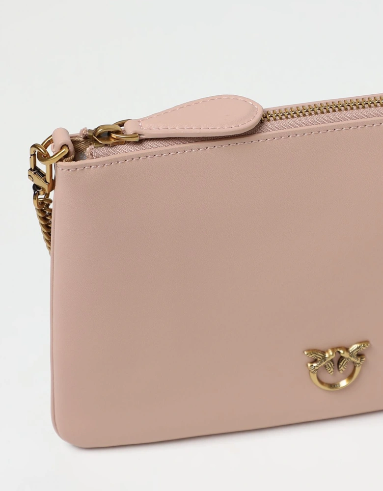 Elegant Leather Clutch Bag with Chain Detail and Embellished Bird Detail