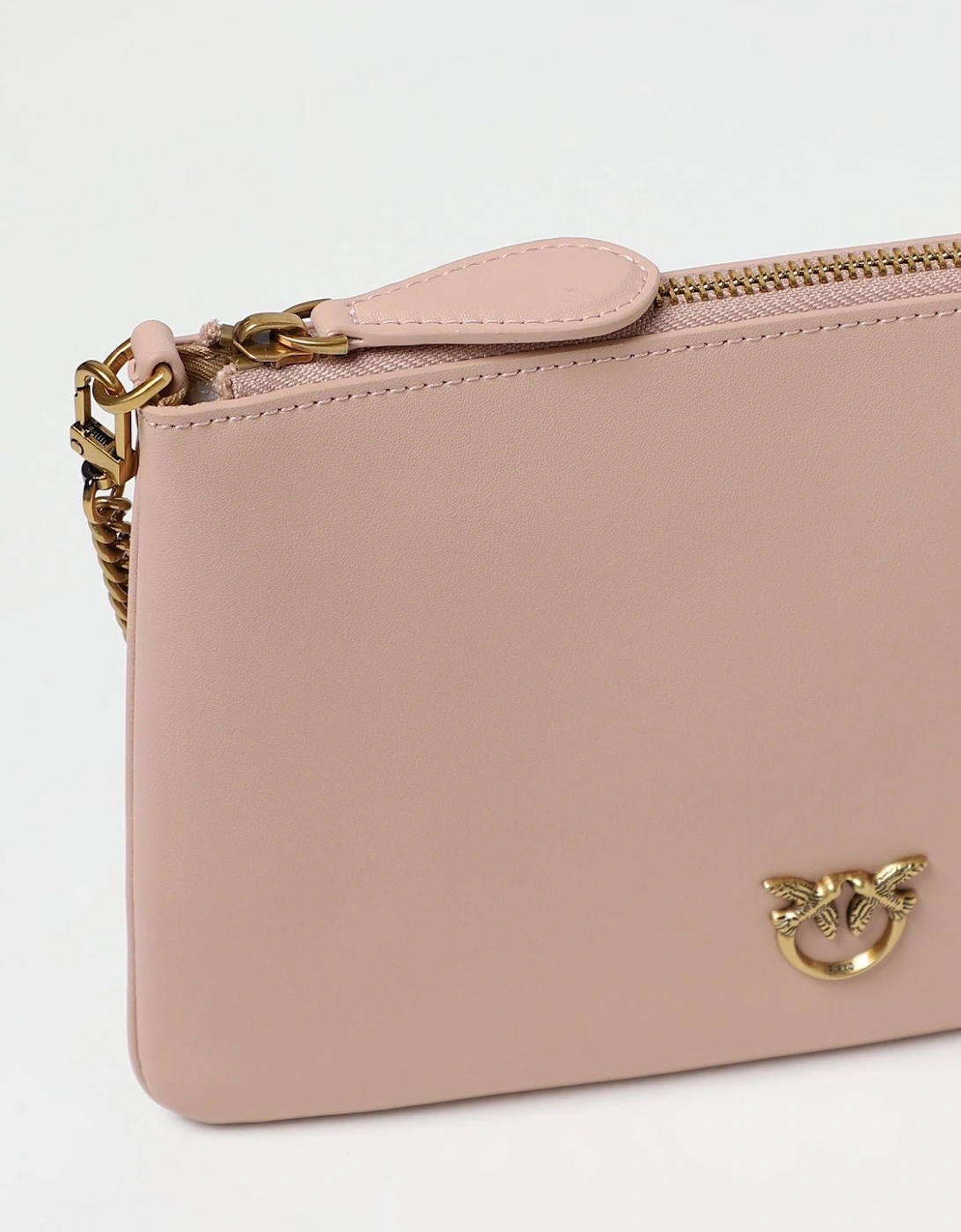 Elegant Leather Clutch Bag with Chain Detail and Embellished Bird Detail