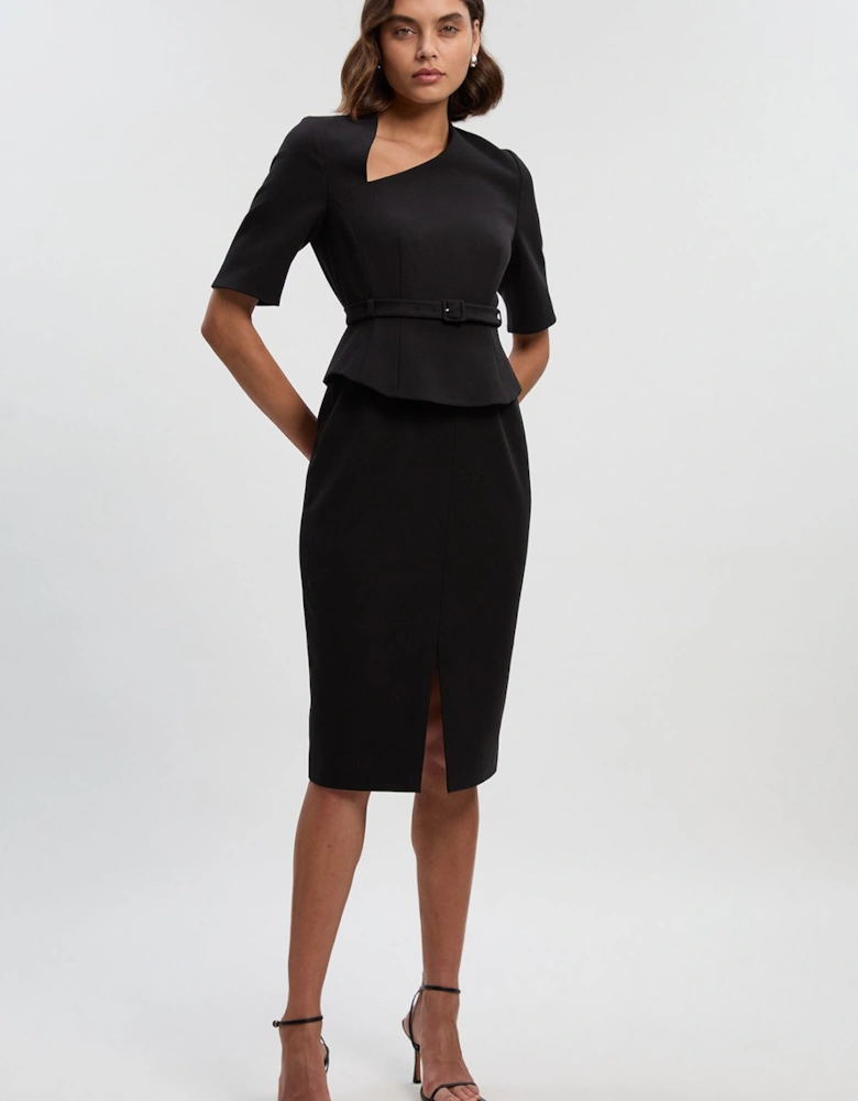 Petite Structured Crepe Forever Asymmetric Neck Belted Pencil Midi Dress