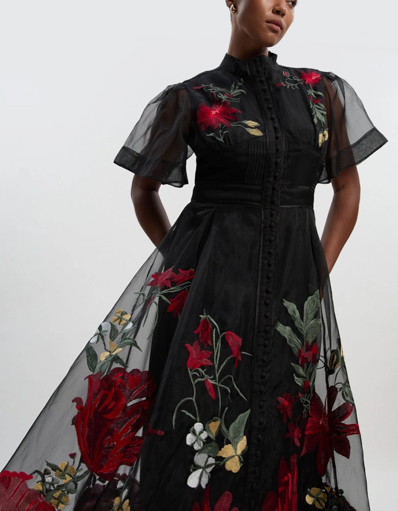 Plus Size Botanical Embroidery Organdie Midi Dress