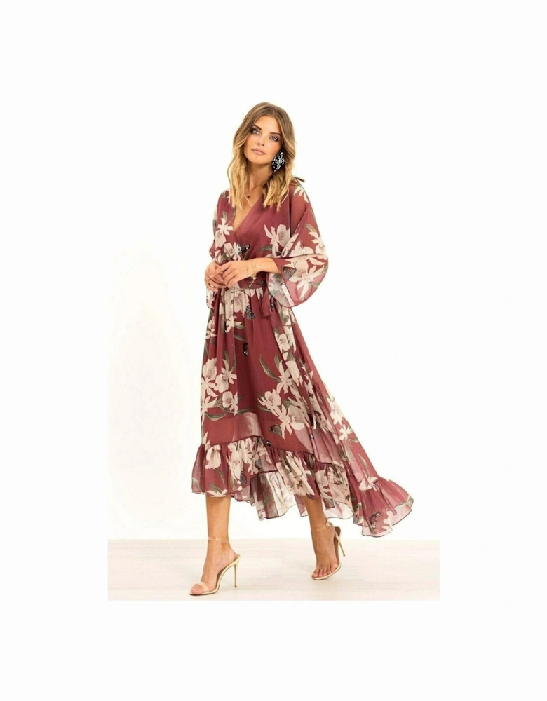 Rose Pink Floral Kimono Sleeves Dip Hem Wrap Midi Dress