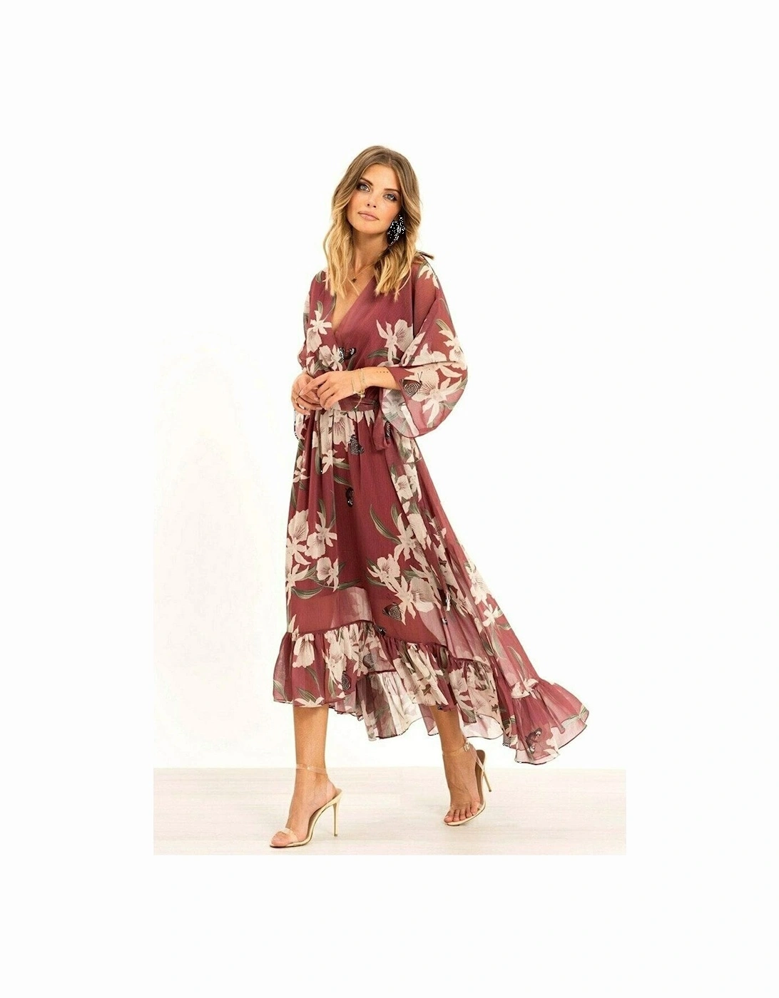 Rose Pink Floral Kimono Sleeves Dip Hem Wrap Midi Dress, 2 of 1