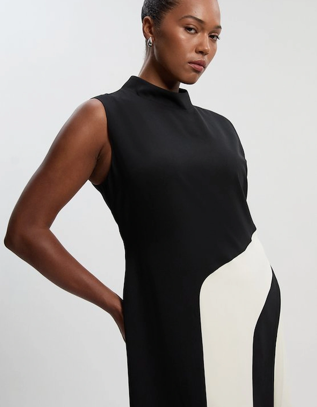 Plus Size Soft Tailored Colour block High Neck Pleated Midi Dress