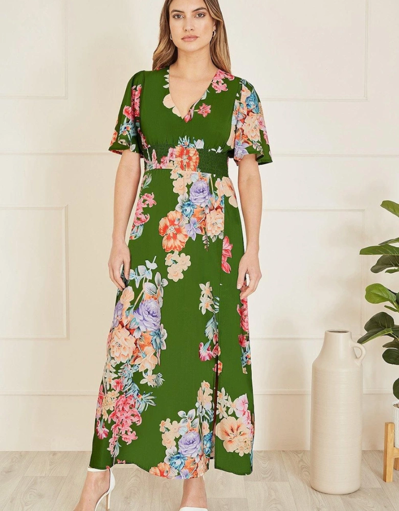 Green Floral Ruched Waist Maxi Dress With Split Hemline
