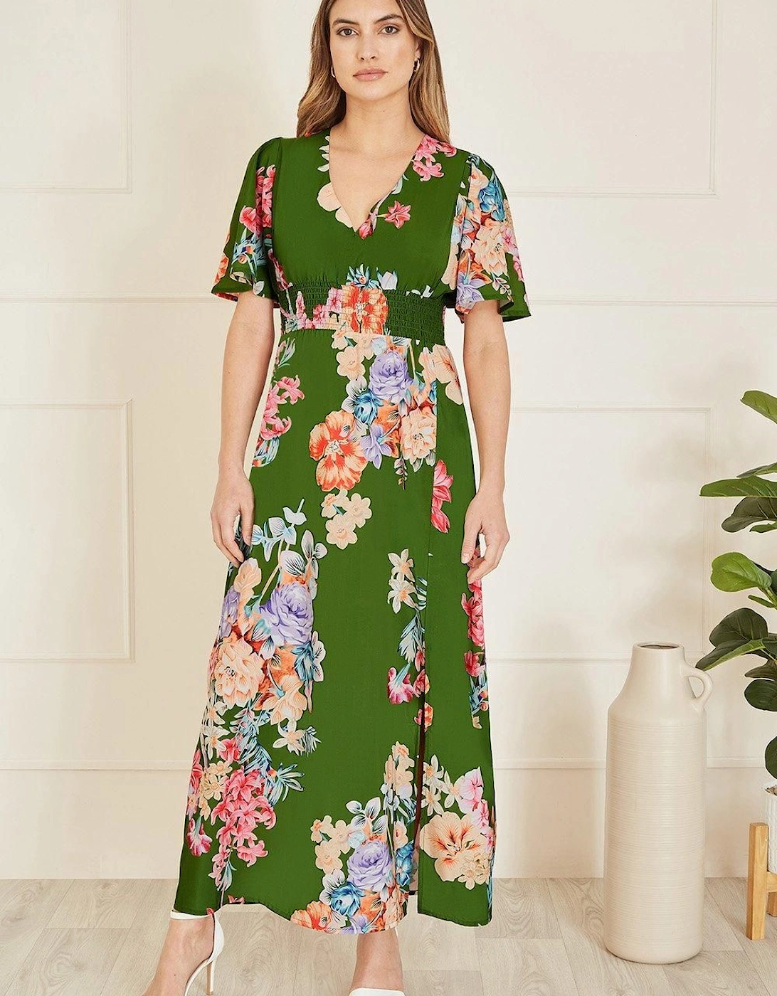 Green Floral Ruched Waist Maxi Dress With Split Hemline, 2 of 1