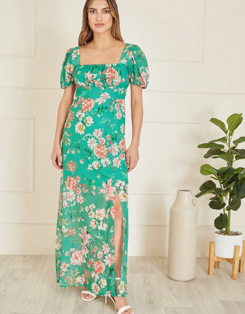 Green Floral Print Square Neck Maxi Dress With Split Hemline