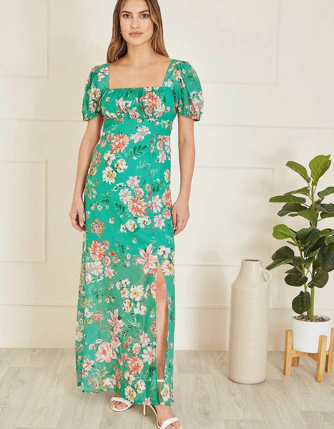 Green Floral Print Square Neck Maxi Dress With Split Hemline, 2 of 1