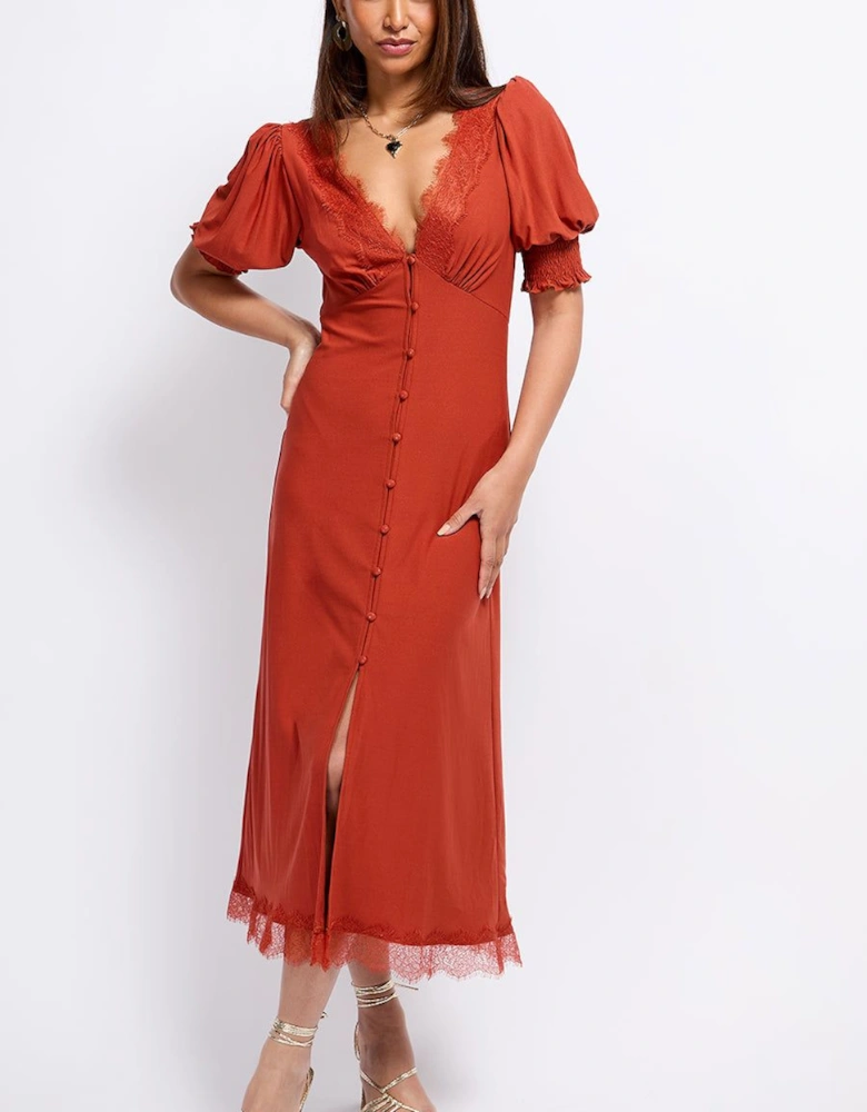 Copper Lace Trim Midaxi Dress