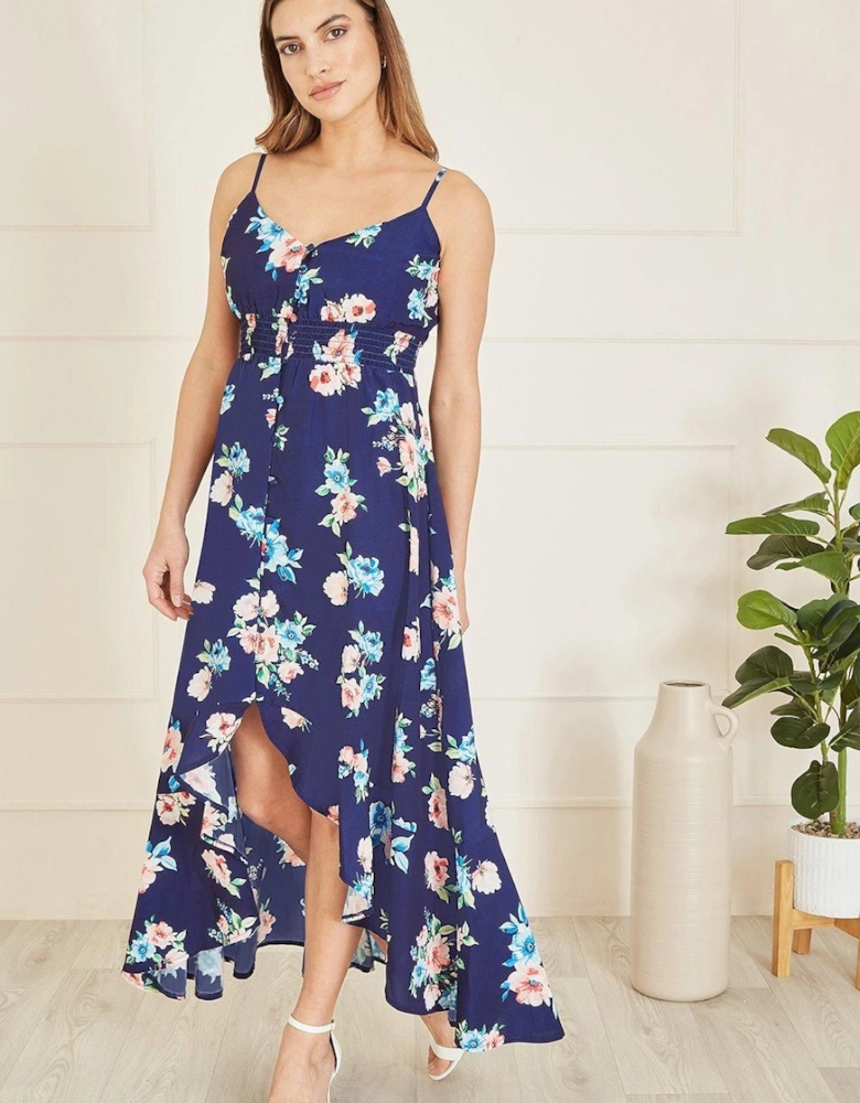 Navy Floral High Low Frill Midi Dress
