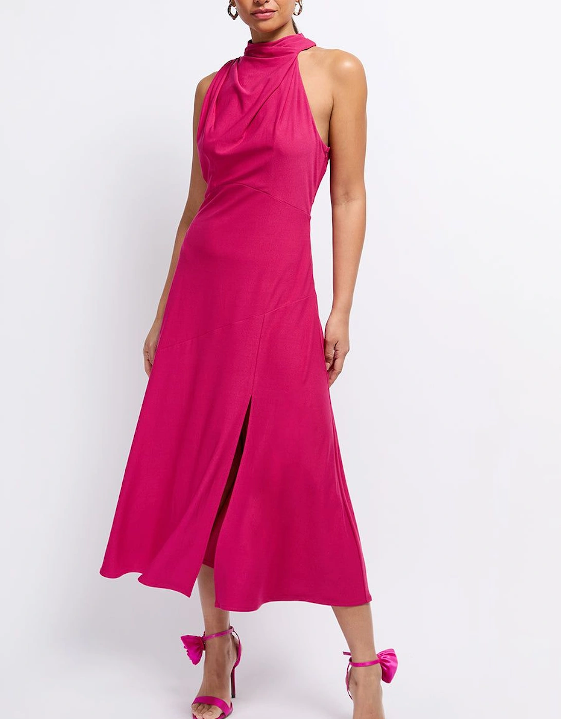 Pink Draped Neck Detail Midaxi Dress, 2 of 1