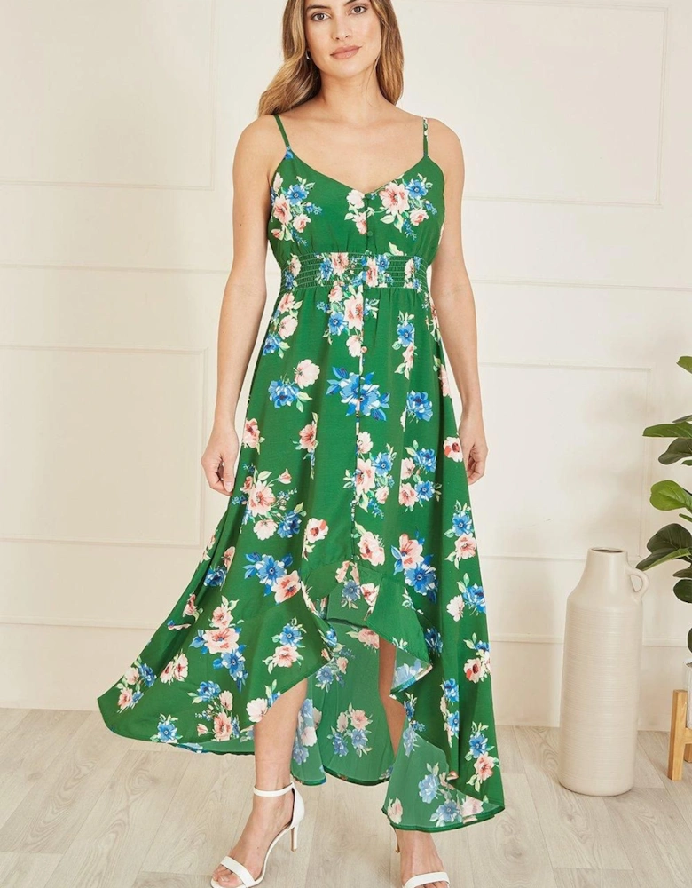 Green Floral High Low Frill Midi Dress