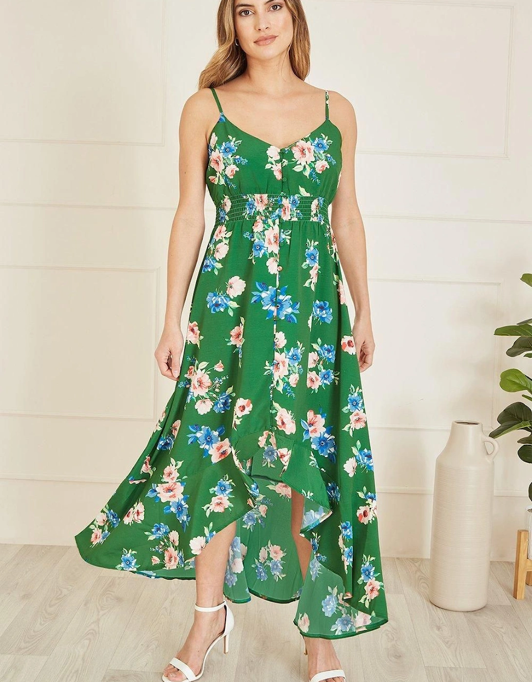 Green Floral High Low Frill Midi Dress, 2 of 1