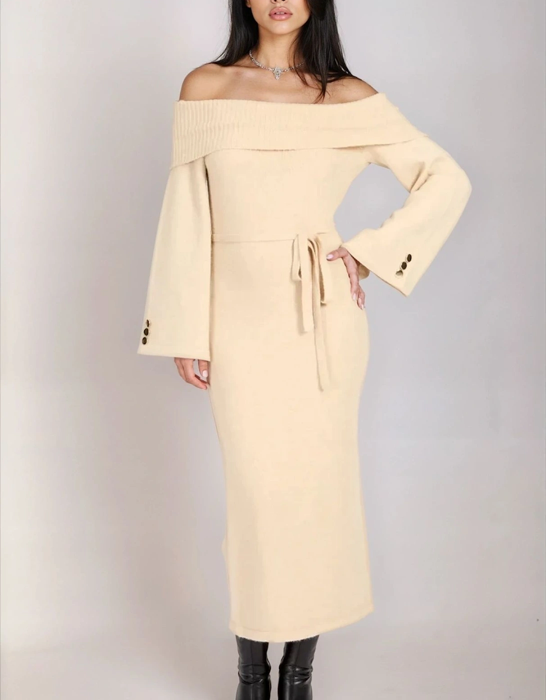 Oatmeal Knit Bardot Midaxi Dress, 2 of 1