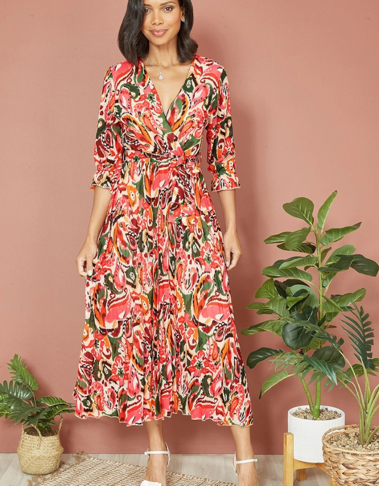 Pink Paisley Pleated Midi Dress With Pleats