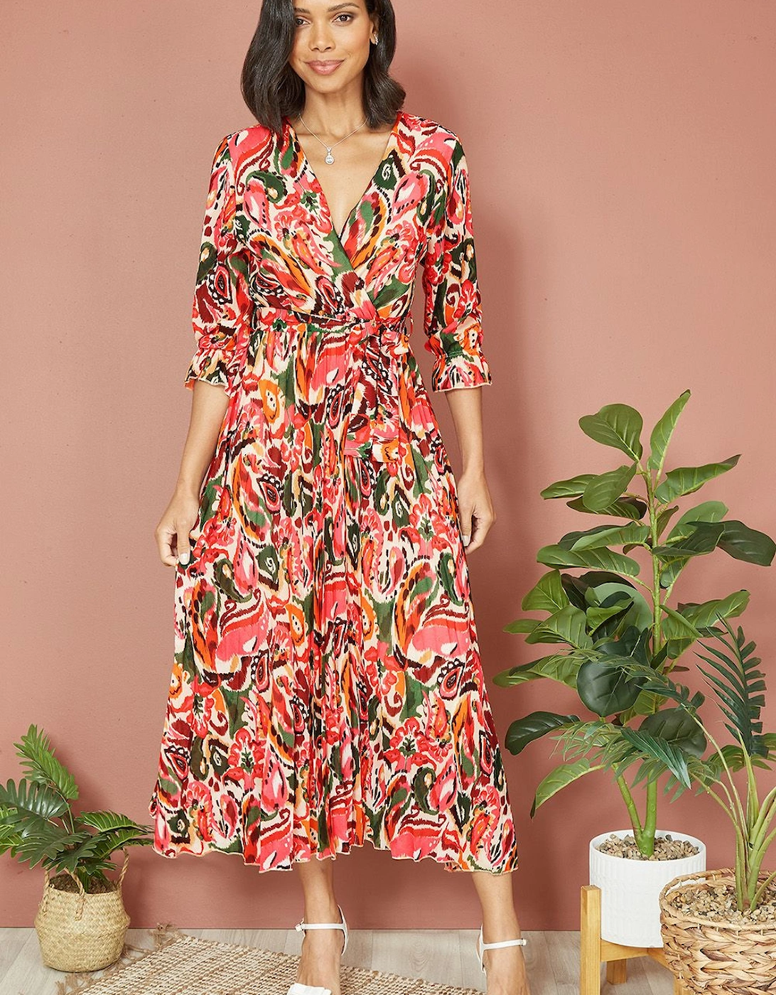 Pink Paisley Pleated Midi Dress With Pleats, 2 of 1