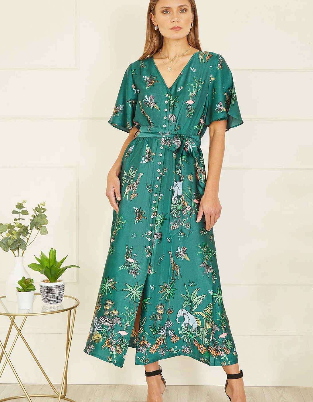 Green Satin Animal Safari Print Midi Shirt Dress, 2 of 1