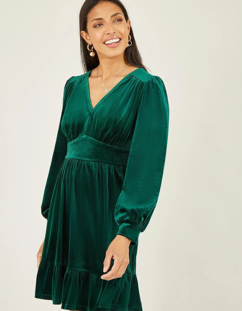 Green Velvet Long Sleeve Skater Dress