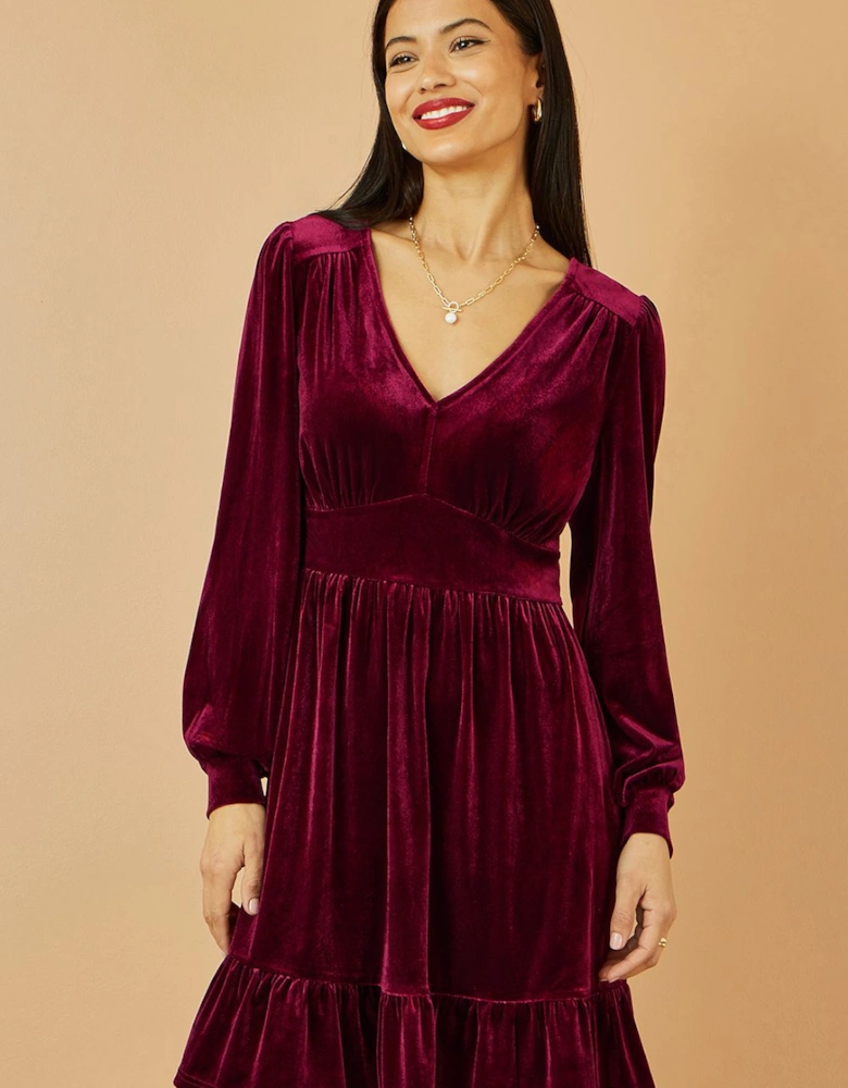 Burgundy Velvet Long Sleeve Skater Dress