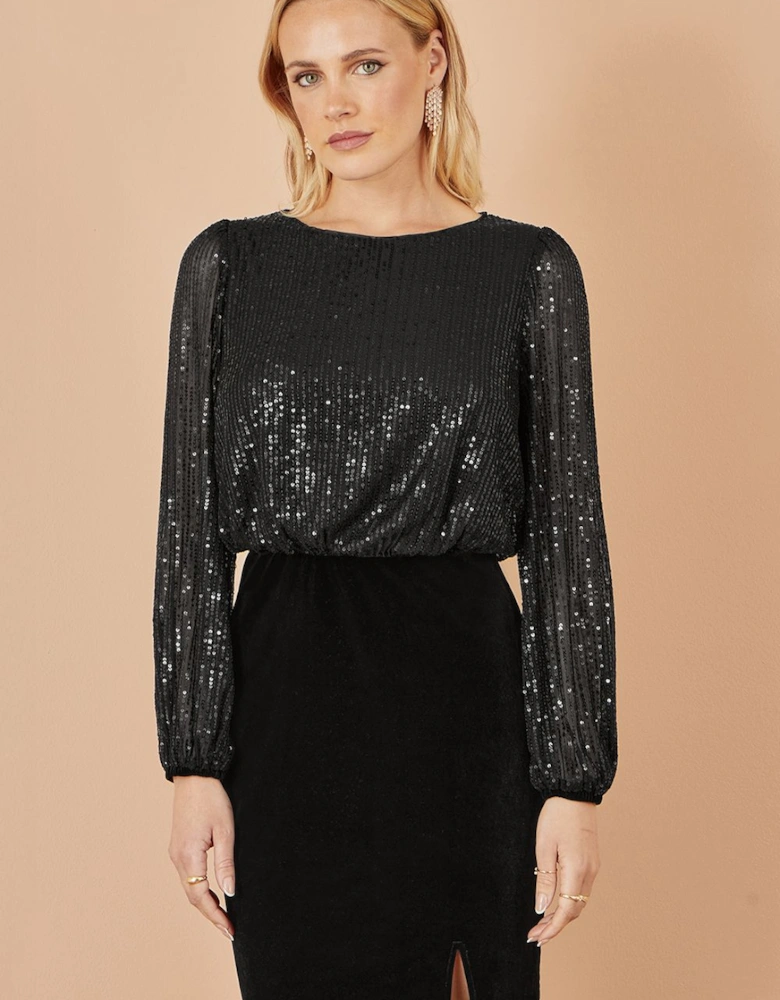 Black Sequin And Velvet Mini Dress