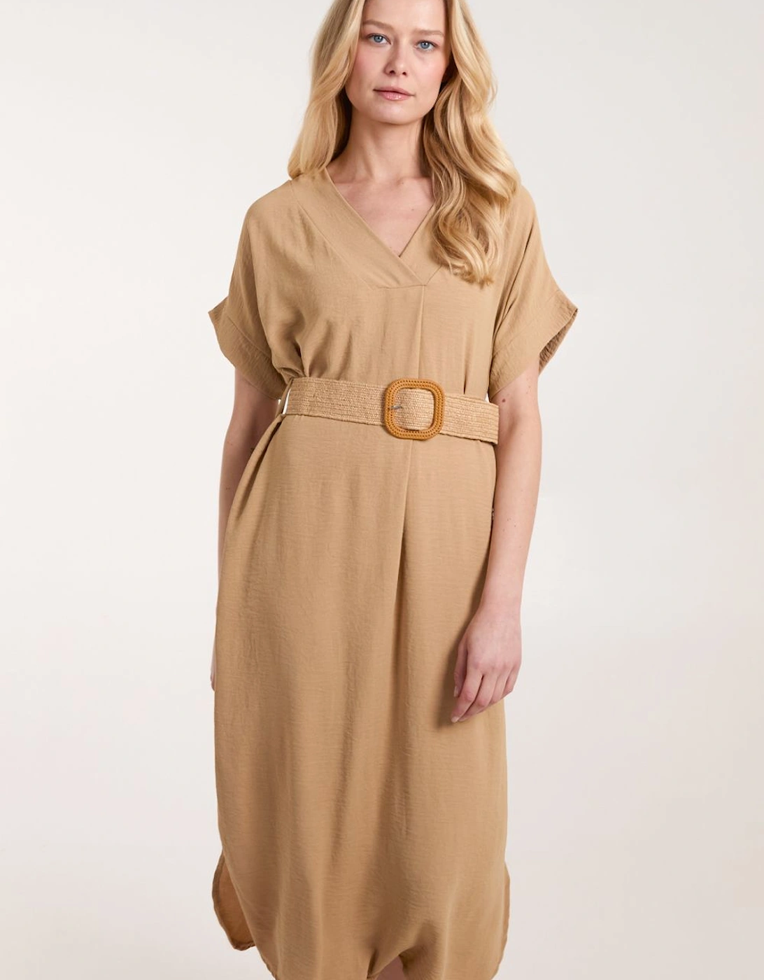 V Neck Midi Dress with Belt, 2 of 1