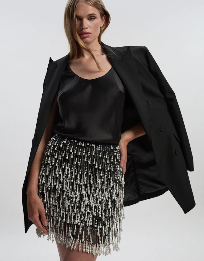 Pearl Tassel Embellished Woven Mini Skirt