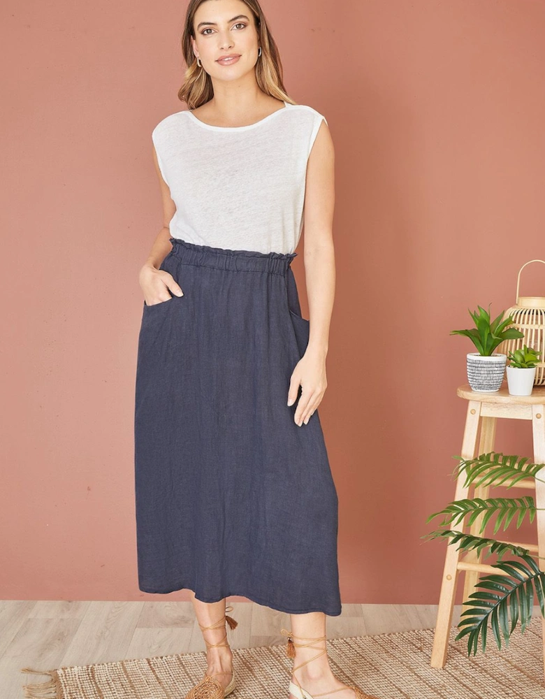 Navy Italian Linen Midi Skirt With Pockets