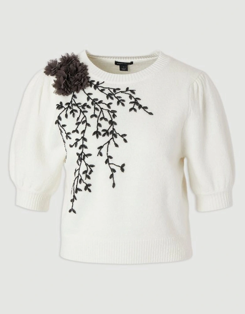 Flower And Beaded Puff Sleeve Knit Tee