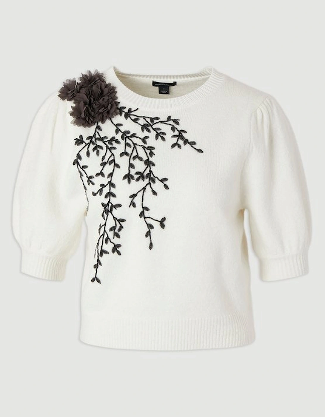 Flower And Beaded Puff Sleeve Knit Tee