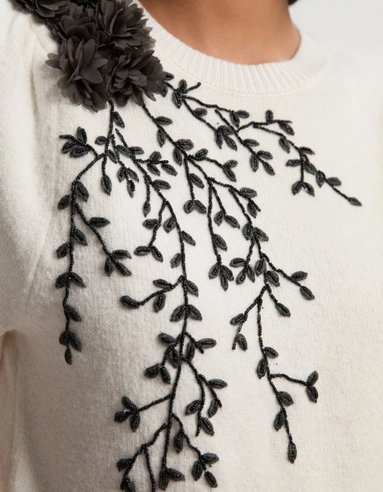 Flower And Beaded Puff Sleeve Knit Tee