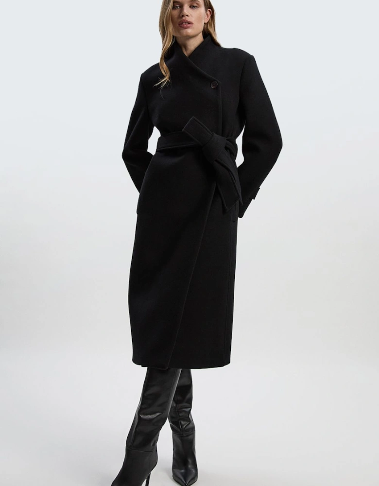 Wool Wrap Neck Tailored Belted Midi Coat