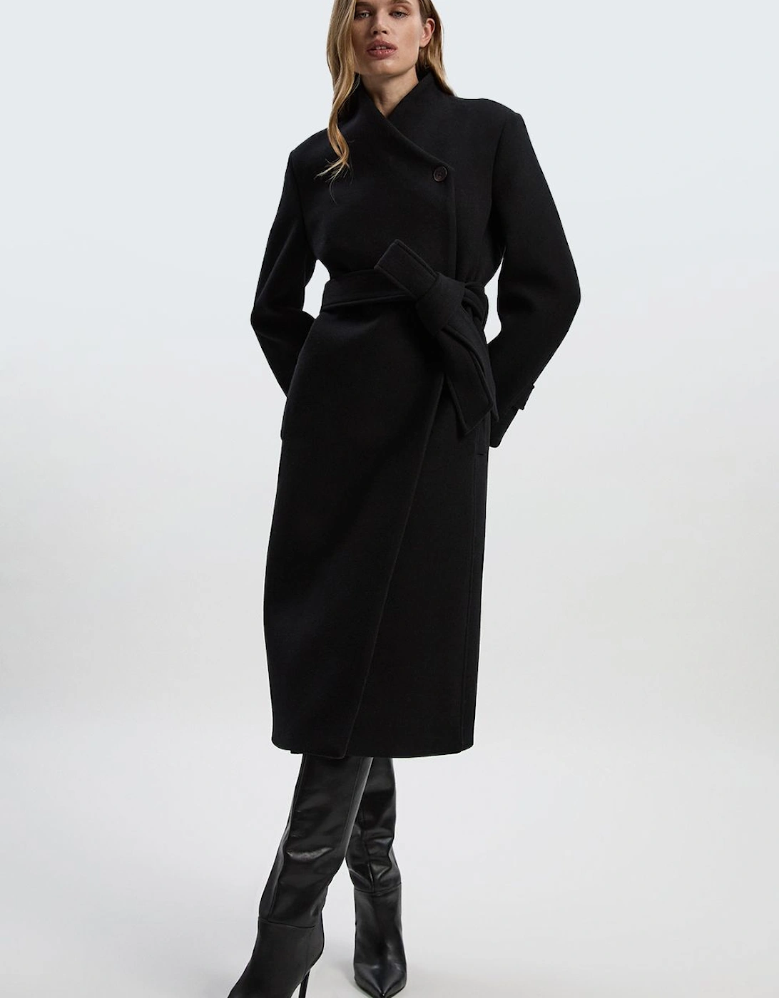 Wool Wrap Neck Tailored Belted Midi Coat, 2 of 1