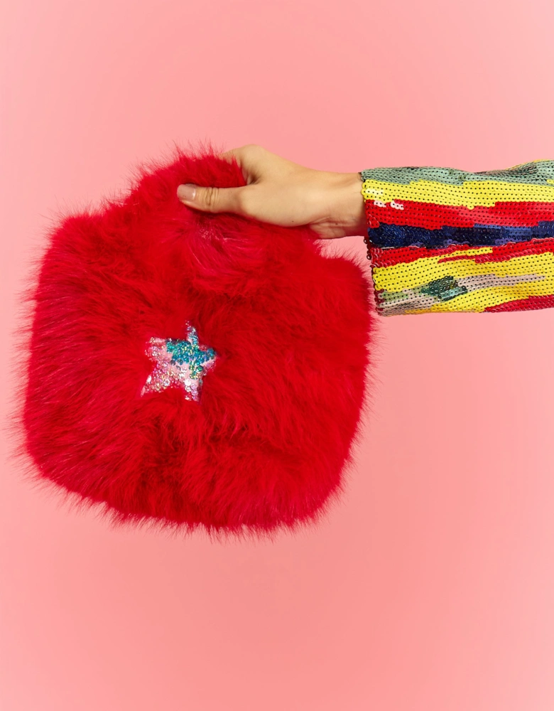 Red Faux Fur Sequin Star Bag