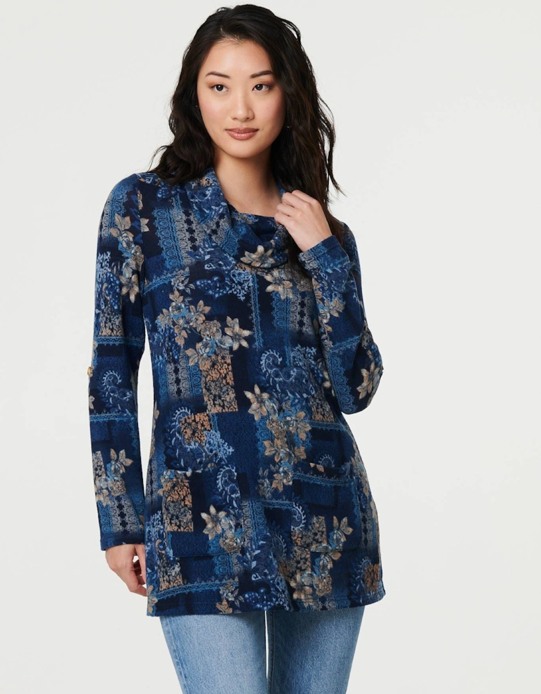 Printed Cowl Neck Long Sleeve Tunic Top