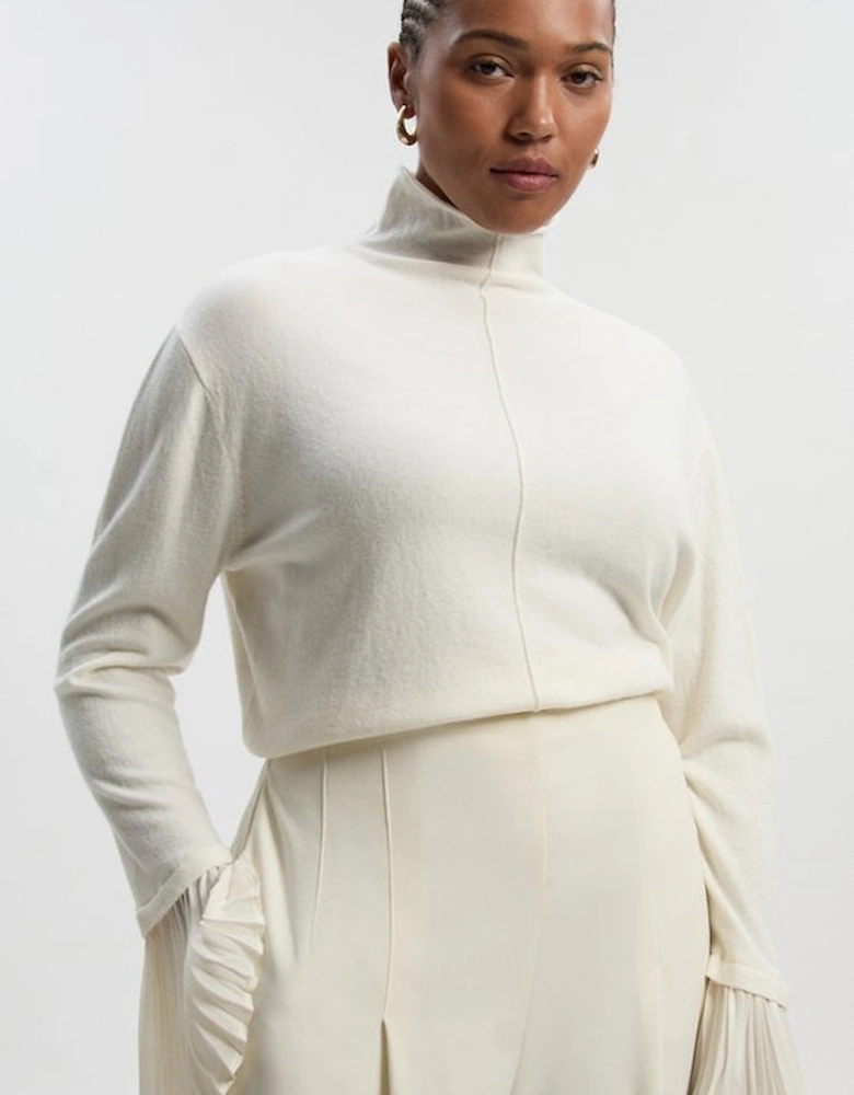Plus Size Wool And Alpaca Blend Knit Top With Pleated Silk Woven Cuffs