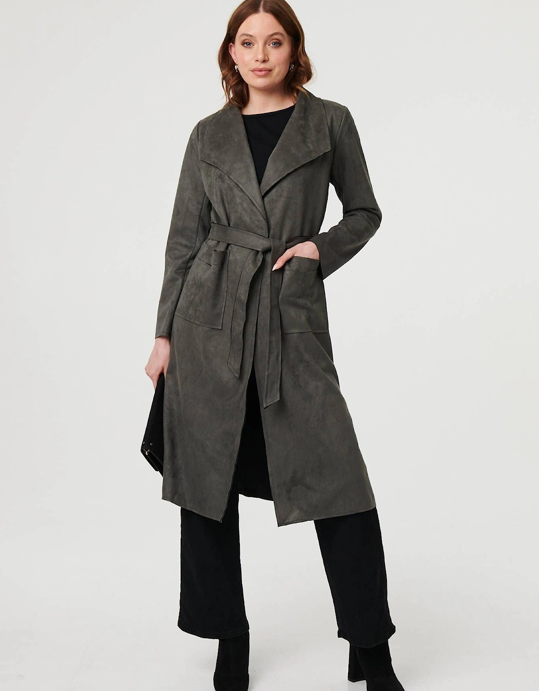 Suedette Tie Waist Longline Trench Coat, 2 of 1