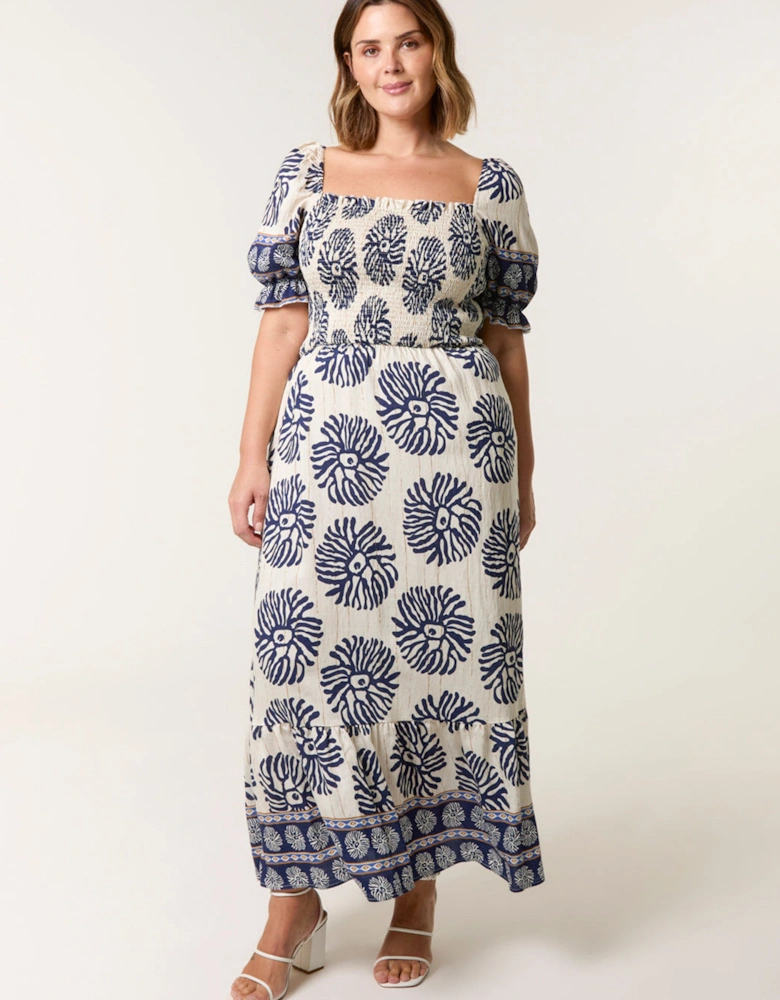 Navy Curve Shirred Floral Maxi Dress