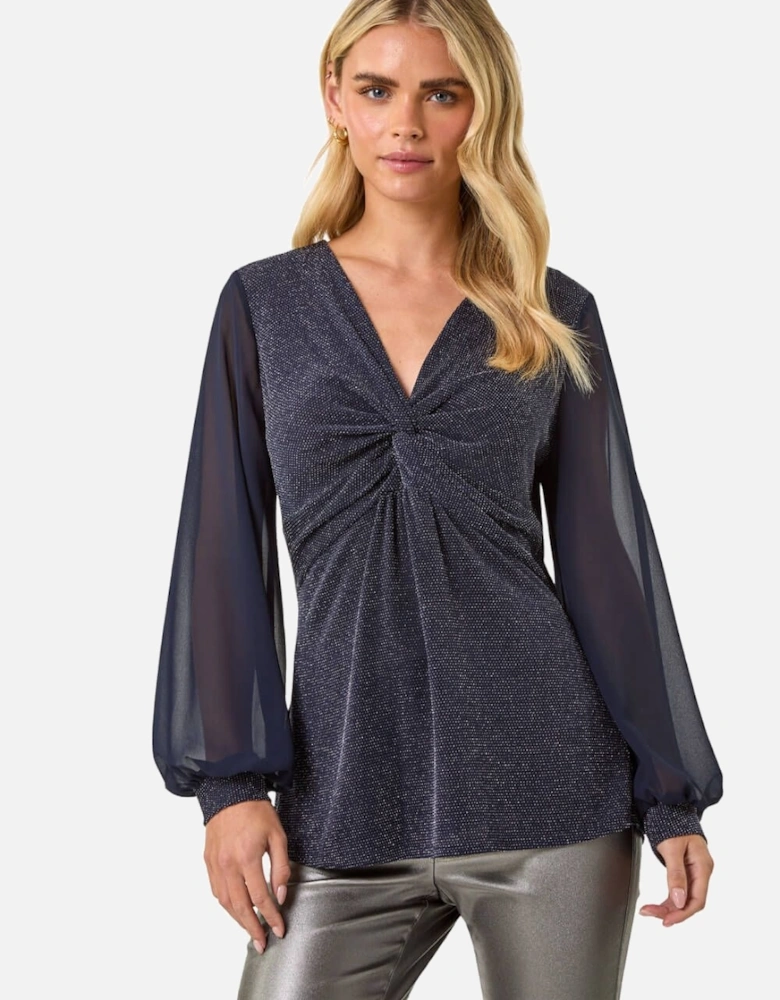 Petite V-Neck Sparkly Cuff Stretch Top