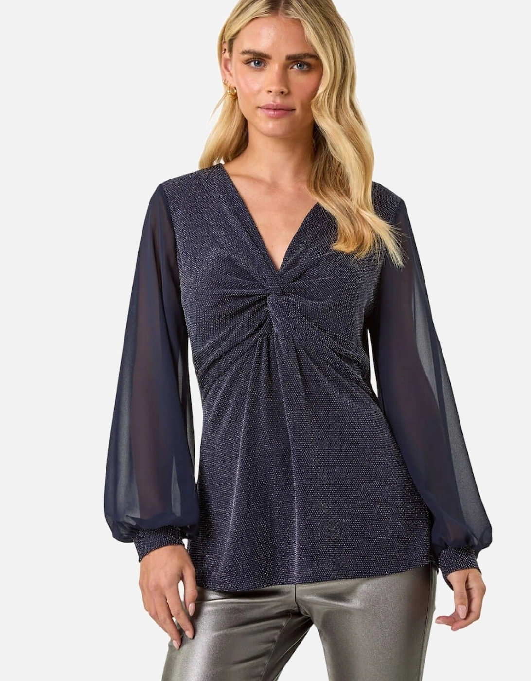 Petite V-Neck Sparkly Cuff Stretch Top, 2 of 1