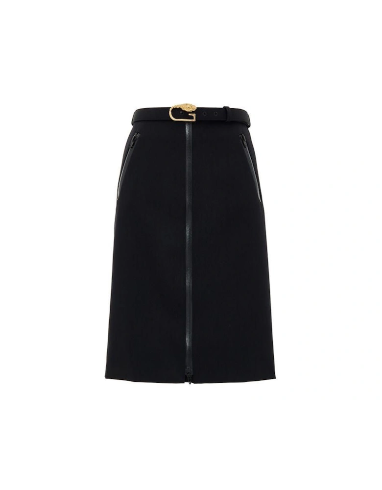 Wool Skirt with Removable Belt and Central Zip  - Black