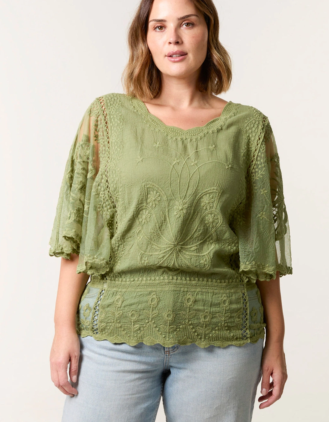 Khaki Curve Floral Lace Butterfly Sleeve Blouse, 2 of 1