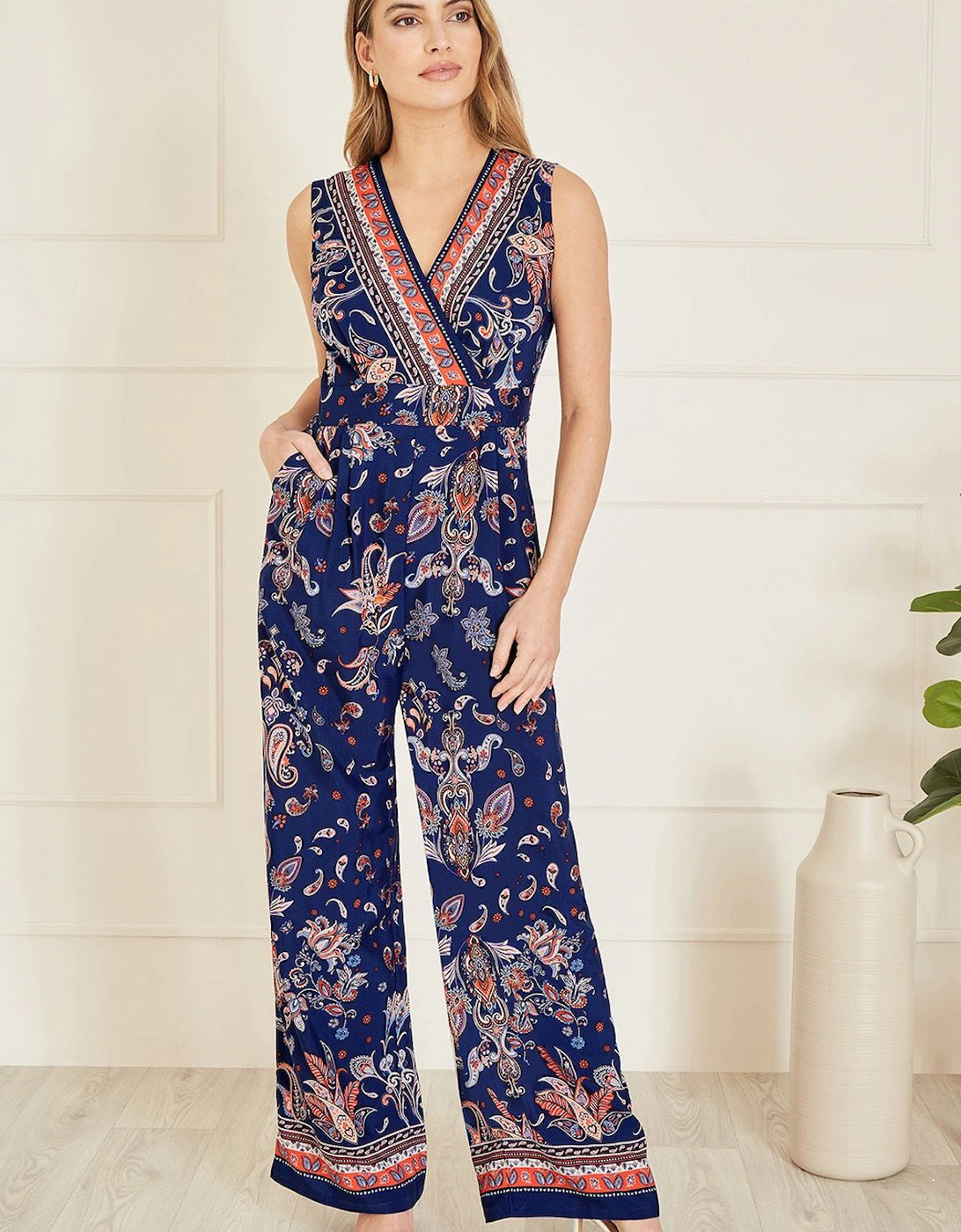 Navy Paisley Border Print Wrap Jumpsuit, 2 of 1