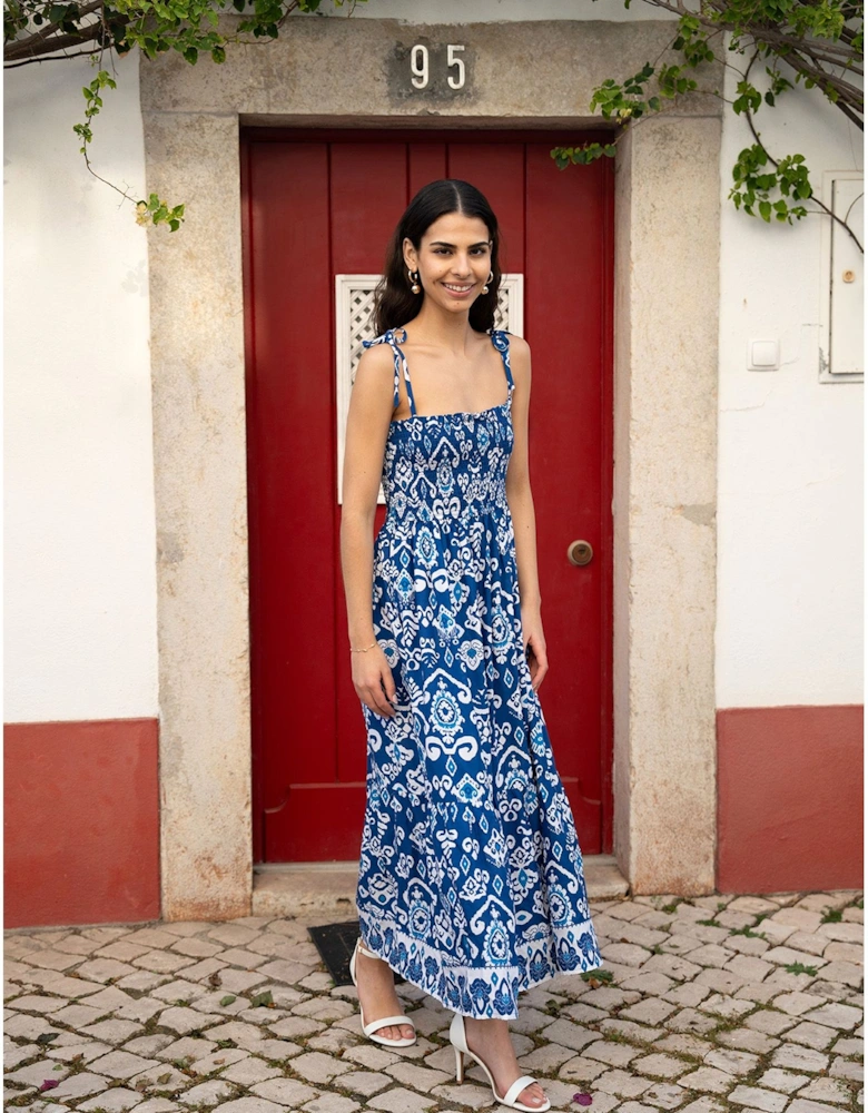 Blue Ikat Print Midi Sun Dress