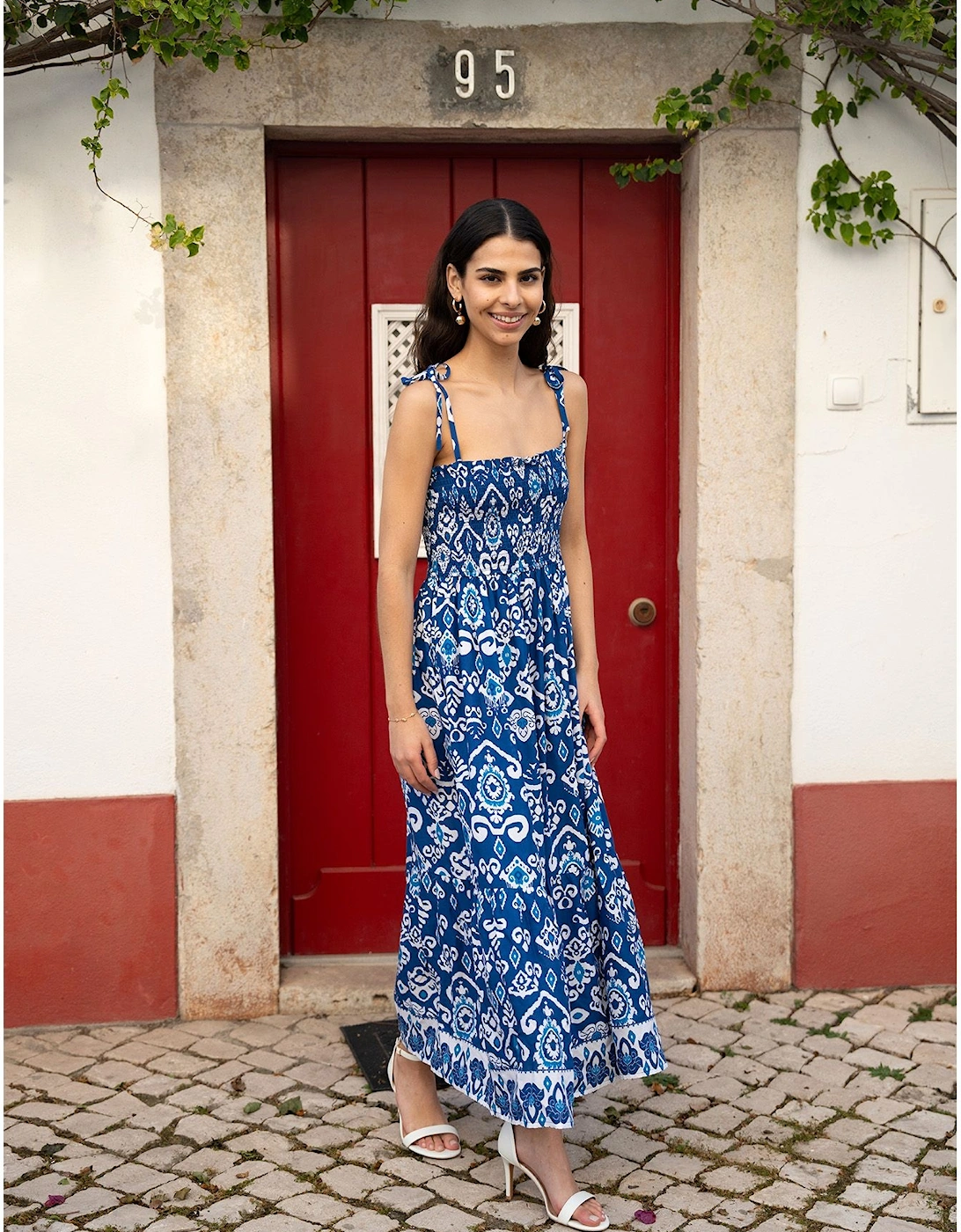 Blue Ikat Print Midi Sun Dress, 2 of 1