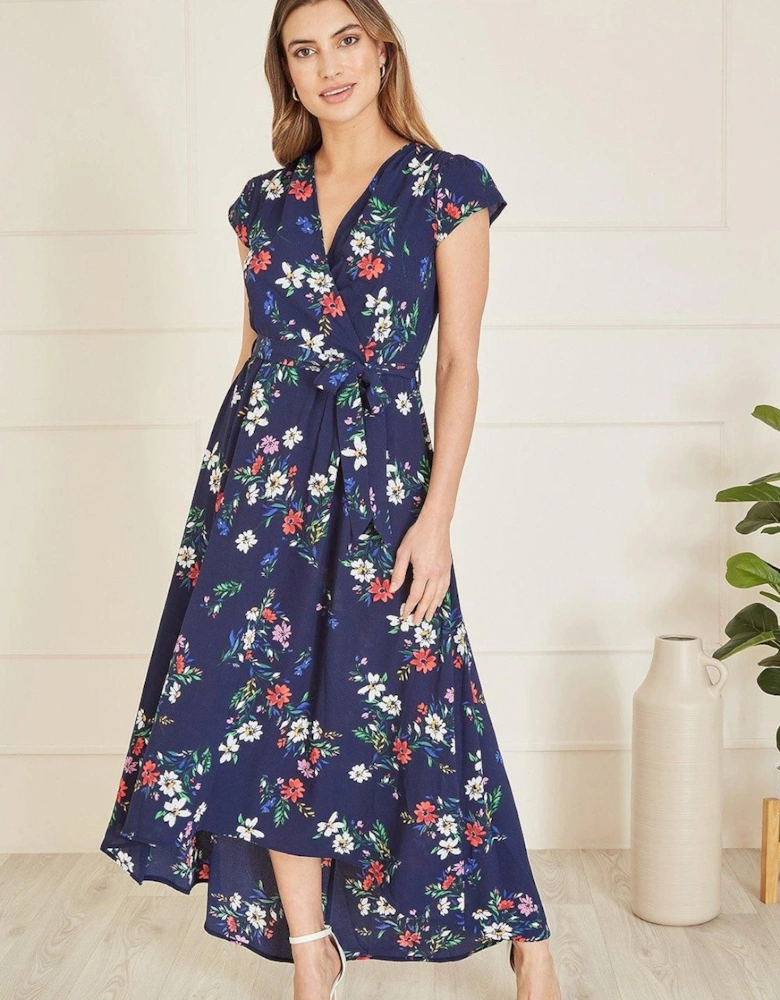 Navy Daisy Print Wrap Over Midi Dress With Dipped Hem