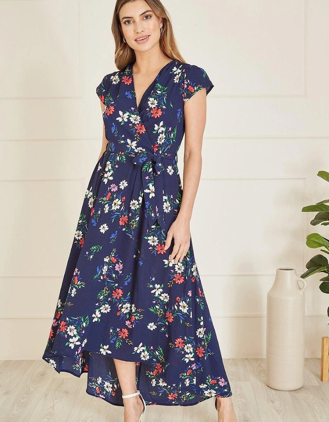 Navy Daisy Print Wrap Over Midi Dress With Dipped Hem, 2 of 1