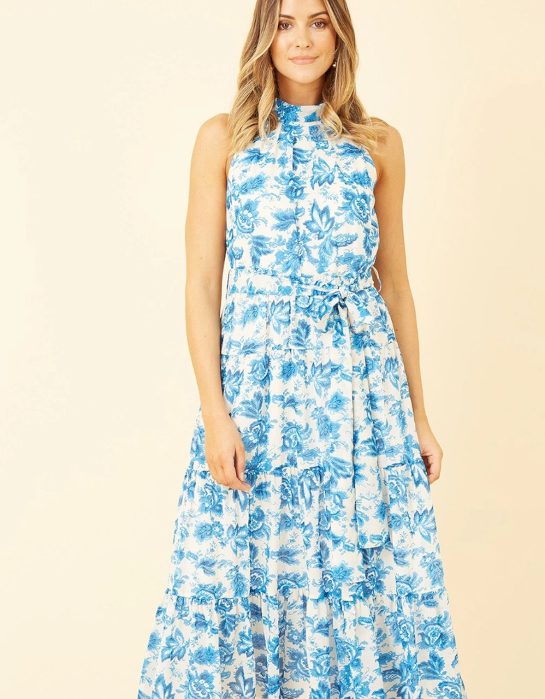 Blue Leaf Print Halter Neck Midi Dress