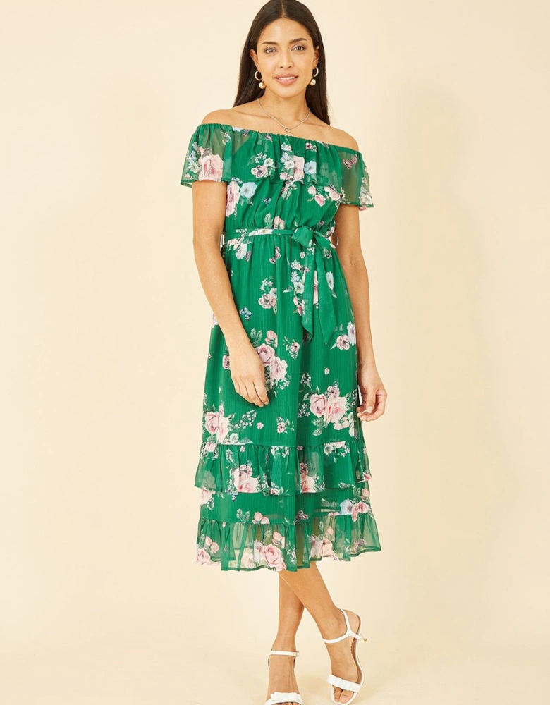 Green Floral Bardot Midi Dress With Frill Hem