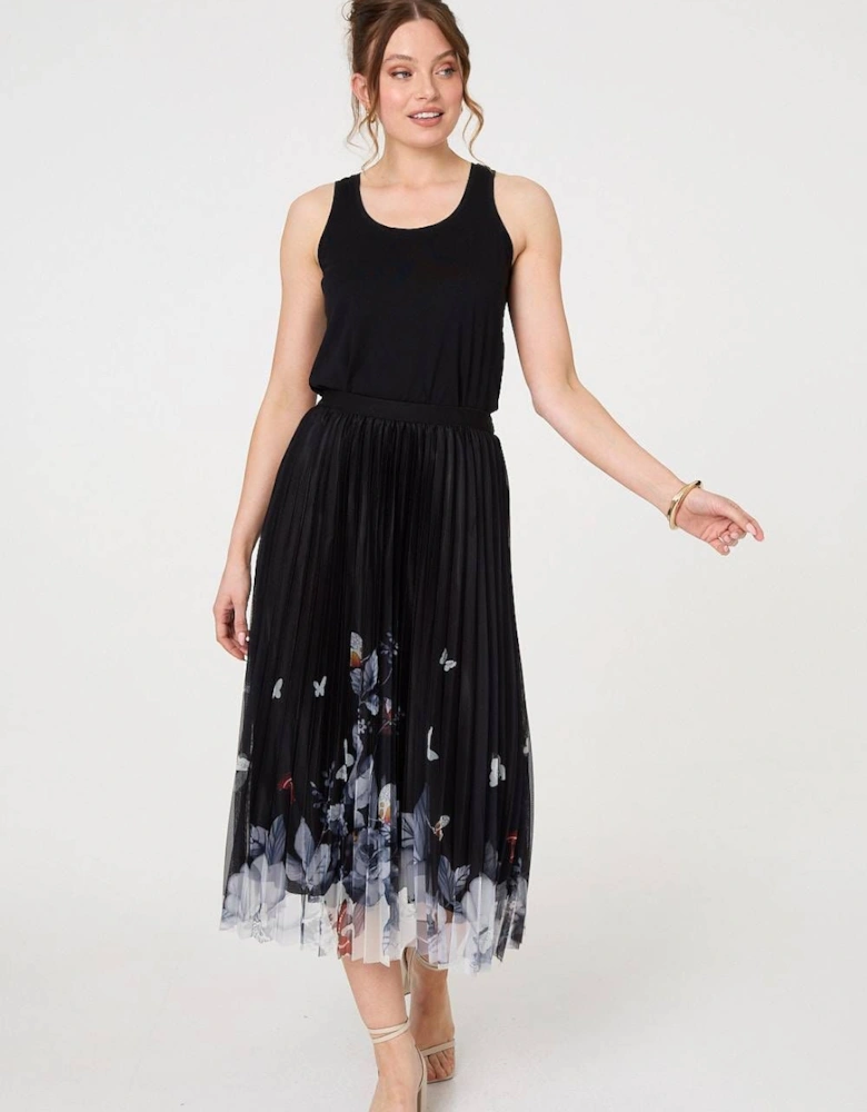 Butterfly Print Pleated Mesh Midi Skirt